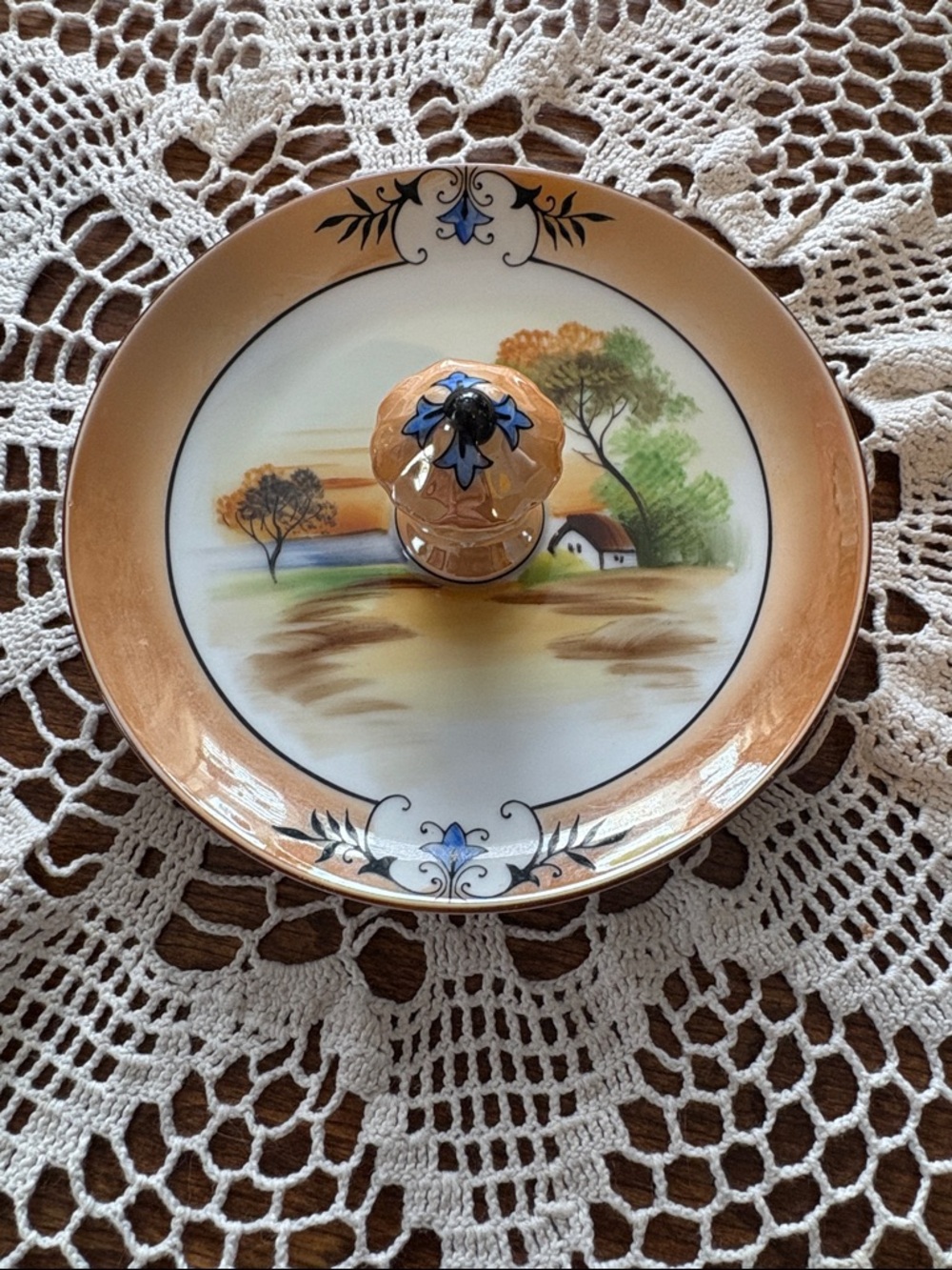 Hand-Painted Scenic Porcelain Plate with Peach-Gold Rim